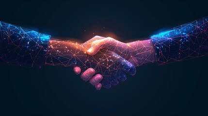 Digital businessman handshake across global network lines sym