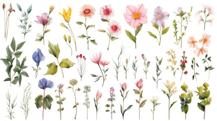Fototapeta premium Set of watercolor wildflowers painting isolated on clear png background and transparent background. Fresh and nature concept for nature decorative and flower element, AI generative. 