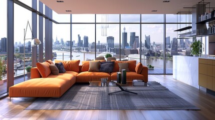 Modern city apartment with stunning panoramic skyline views. City life concept. Exquisite apartment interior features floor-to-ceiling windows with city skyline and waterfront views, 4k HD wallpaper, 