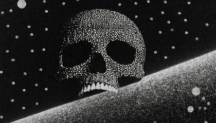 Black white skull in space (universe) with some planet. life or death in space