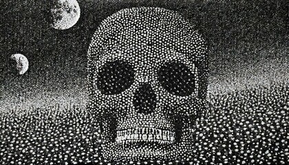Black white skull in space (universe) with some planet. life or death in space