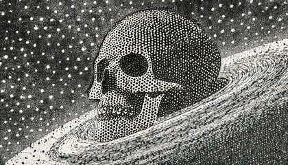 Black white skull in space (universe). Life or death in space