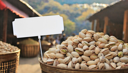 Pistachio with shell in bazaar with empty price banner