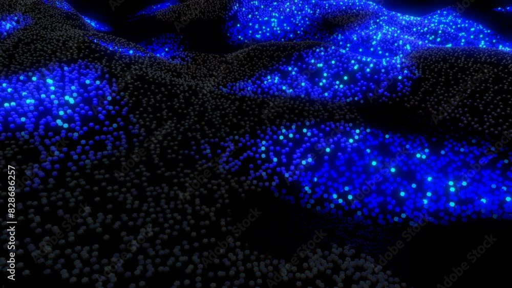 Poster 3d abstract blue sci-fi background. luminous particles form wavy surface, waves of light and color r