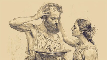 Fototapeta premium Herodias' Daughter Presenting John the Baptist's Head on Platter, Beheading Scene, Biblical Illustration, Beige Background, Copyspace