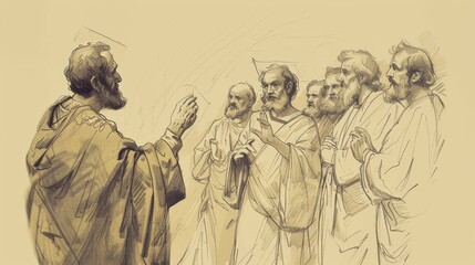 Fototapeta premium Cornelius Converted, Holy Spirit, Peter, Biblical Illustration, Beige Background, Copyspace