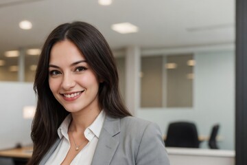 Happy female office worker working in a positive work environment with copy space.