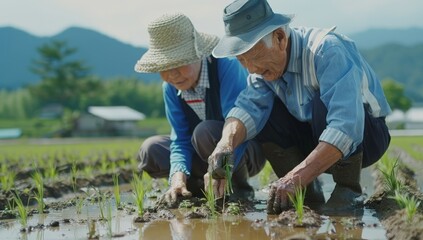 An elderly couple works together in a rice paddy field, planting seedlings in the mud.