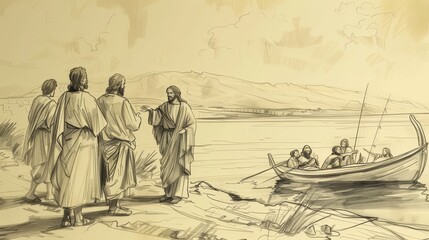 Obraz premium Jesus Calls Disciples by Sea of Galilee, 'Fishers of Men', Biblical Illustration, Beige Background, Copyspace