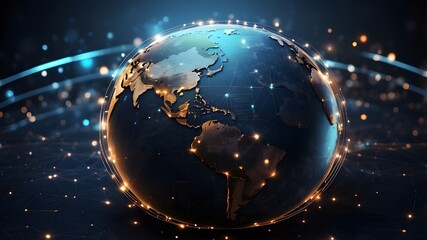 Circles and lines surround the Earth's globe as a futuristic technology theme background. Internet concept