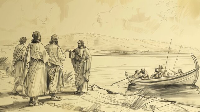 Jesus Calls Disciples by Sea of Galilee, 'Fishers of Men', Biblical Illustration, Beige Background, Copyspace