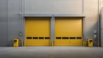 unlocking the garage's yellow iron shutter door and the warehouse fa&ccedil;ade of the industrial building with the grey concrete road
