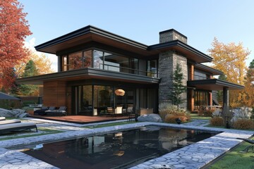 Fototapeta premium Modern House Exterior Design with Pool and Terrace