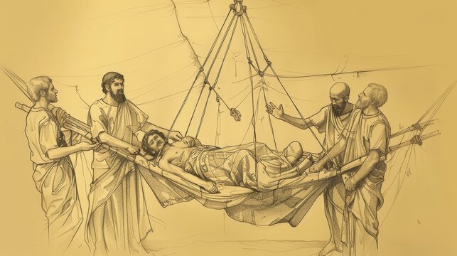 Paralytic Lowered Through Roof to Jesus for Healing, Biblical Illustration, Beige Background, Copyspace