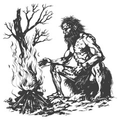 ancient caveman in front bonfire with engraving style