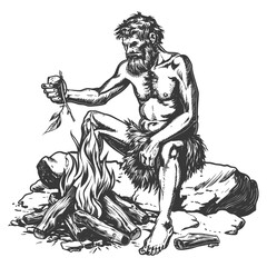 ancient caveman in front bonfire with old engraving style