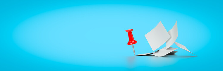 A red pin and a paper note. 3d rendering on the topic of business, work, study, university, office. Modern, minimal style. Blue background.