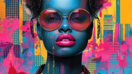 Tableau sur plexiglas  illustration of the fashion woman wearing stylish sunglasses with large frames and bright lipstick on colorful abstract background  © masyastadnikova