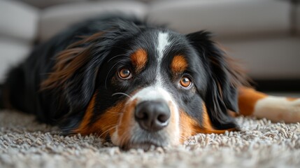 a fluffy bernese mountain dog lounging on a cozy rug in the living room, epitomizing home comfort for pet enthusiasts