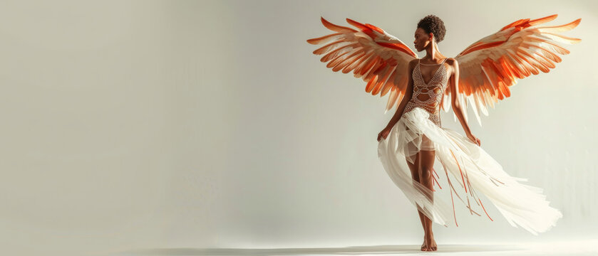 Concept of freedom and grace, as the woman is dancing or flying