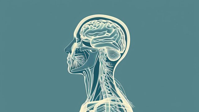 recommend clip art: Illustration of human head and neck anatomy showcasing brain structure, nervous system, and facial muscles in side profile on teal background.