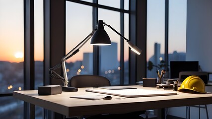 An architectural project desk with mining light on a building site or in an office building