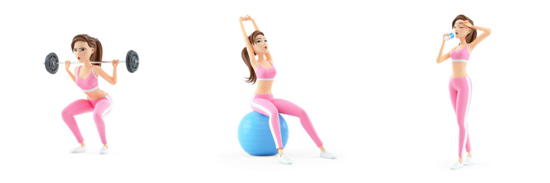 collection set of 3d sporty woman isolated on transparent background
