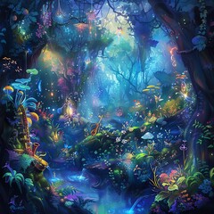 A wide-angle view of a magical forest with vibrant