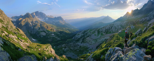 panoramic photo of an incredible mountain vista at sunrise, with rocky peaks and lush green valleys, with hikers
