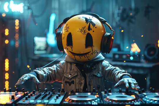 ilustración digital de un DJ en una fiesta de electrónica, con colores fluorescentes, fiesta loca