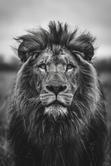 Fotografía en blanco y negro de vida silvestre de un león, con un enfoque cinematográfico.






