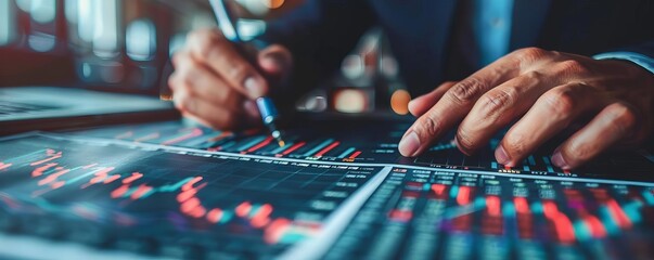 Businessman analyzing financial chart data on a computer screen, making decisions based on stock market trends for investment strategy.