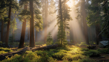 Fototapeta premium A sunlight streaming through trees, San Bernardino National Forest