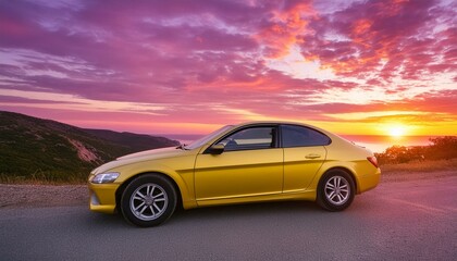 Naklejka premium Cruising into Chrome Dreams A Sleek Yellow Car Against a Photorealistic Magenta Sunset