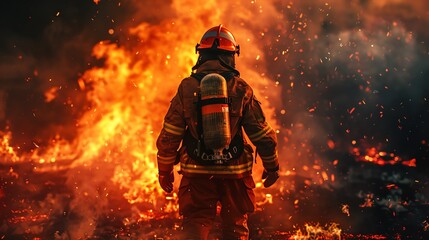 Rear view of a firefighter in full gear, standing heroically amidst a blazing inferno, photorealistic details in high contrast lighting, embers floating in the air, vibrant colors