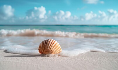 closeup of seashell on white sand beach
