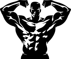 Silhouette bodybuilder athlete showing his muscle arms. AI generated illustration.