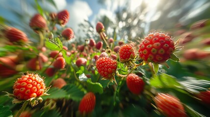 A dynamic image capturing the sun's rays shining through a field of growing strawberries