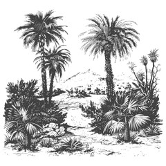 an oasis in the sonoran desert with old engraving style