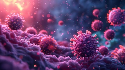 Detailed 3D rendering of virus particles, implying a theme of scientific inquiry and health risks