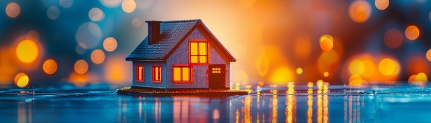 Naklejka premium Cozy small house with glowing warm lights, set against a bokeh background of orange and blue hues, reflecting serenity and warmth.