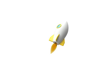 A white rocket with yellow swivel wings. 3d rendering on the topic of business, up, growth, stocks, investments, dashboard, advertising, bank. Minimal, modern style, transparent background.