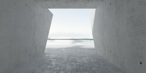 Abstract empty, modern concrete room with balcony opening to cloudy mountain view and rough floor - industrial interior background template