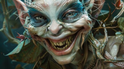 Highly detailed, fantastical creature with features resembling both a fairy and a goblin
