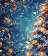 Christmas tree with golden decorations, lights and snowflakes