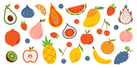Vector fruit set in flat design. Cartoon fruits and berries elements. Collection of nature summer food. Exotic and tropical fruits. Dragon fruit, pomegranate, avocado, mango, papaya, watermelon.