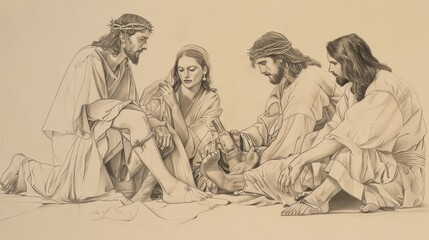 Obraz premium Mary of Bethany Anointing Jesus' Feet with Perfume, Judas Objecting, Biblical Illustration, Beige Background, Copyspace