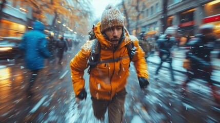 Cold, snowy scene with a man in a yellow jacket sharply focused, walking fast during a snowstorm