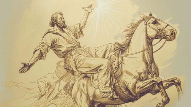 Blinding Light from Heaven During Paul's Conversion on Road to Damascus, Biblical Illustration, Beige Background, Copyspace