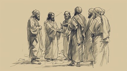 Fototapeta premium Parable of Unforgiving Servant, Jesus Teaching Forgiveness, Biblical Illustration, Beige Background, Copyspace